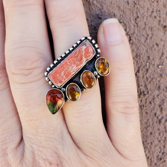 New Sea Sediment, Citrine, Tourmaline 925 Silver Ring. - Picture 10 of 16